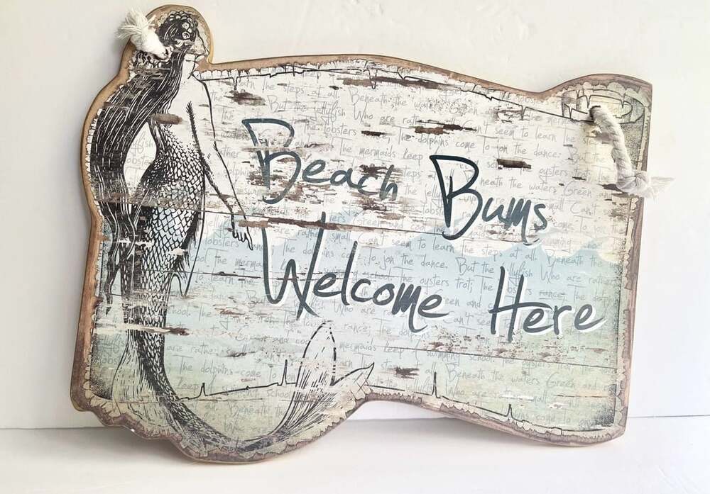Beach Bums Welcome Here Mermaid Wood Wall Hanging Decor Sign